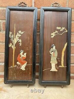 Vintage Pair Of Chinese Soapstone Framed Wall Art Plaques