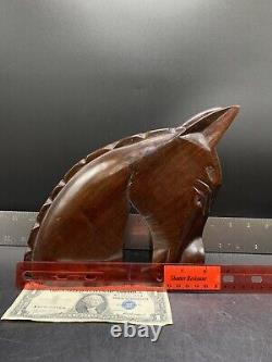 Vintage Pair Of Hand Carved Solid Wood Horse Head Book Ends
