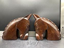 Vintage Pair Of Hand Carved Solid Wood Horse Head Book Ends
