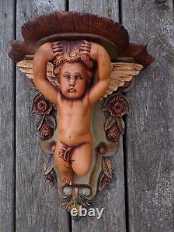Vintage Pair Polychrome Carved Wood Ornate Putti Cherubs Wings Wall Angels Shelf