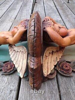 Vintage Pair Polychrome Carved Wood Ornate Putti Cherubs Wings Wall Angels Shelf