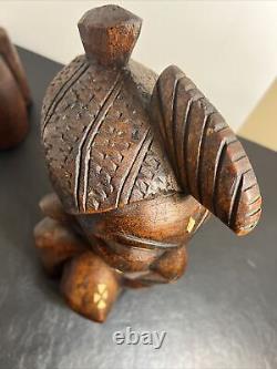 Vintage Pair Wooden Man Woman Tribal African Inlaid Wood Carved Bust 14