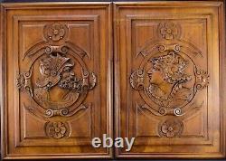 Vintage Pair of Hand Carved Wood Wall Panel Soldier Woman Escutcheon Sculpture