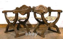 Vintage pair of Danish carved x frame occasional hall chairs