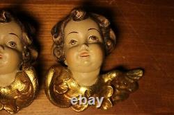 Vtg 5.2 Pair Wood Hand Carved Angel Putto Cherbu Head Statue Wall Figure Gift