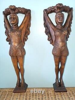 WOW! Pair Antique Carved Mahogany Sexy CORBELS Wall SCONCES Wood Shelf BRACKETS