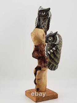 Wood Carved Owl Couple Bird Sculpture