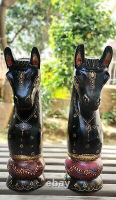 Wood Horse Head Bust Pair Old Hand Made Pained Carved Unique Collectible Home