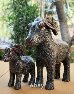 Wood Sheep Bighorn Sheep Pair Unique Hand Made Carved Painted Figurine Statue