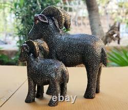 Wood Sheep Bighorn Sheep Pair Unique Hand Made Carved Painted Figurine Statue