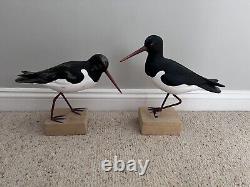 Wooden Artisan Hand Carved & Painted Pair of Oyster Catcher Birds on Stands