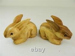 Wooden Rabbit Hare Carving Hand Carved Pair of Baby Rabbits Natural Finish