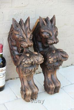 XXL Antique PAIR oak wood carved hunting table dragon gothic legs figurines n1