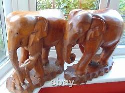 X large 15 Tall Solid Teak Wood Hand Carved Elephant Pair Sculpture