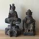 Adorable Paire D'antiques Statues Chinoises En Bois Sculpté