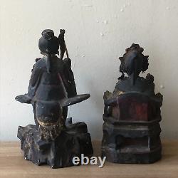 Adorable Paire d'Antiques Statues Chinoises en Bois Sculpté