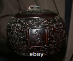 Ancien couvercle de pot en bois de Huanghuali chinois sculpté de textes de la dynastie antique 4Ancient Old China Huanghuali Wood Carved Dynasty Texts lids Pot Jar Crock Pair