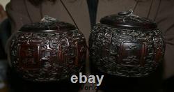 Ancien couvercle de pot en bois de Huanghuali chinois sculpté de textes de la dynastie antique 4Ancient Old China Huanghuali Wood Carved Dynasty Texts lids Pot Jar Crock Pair