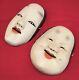 Ensemble De 2 Masques Noh Japonais Anciens En Bois Sculpté Peint Rare Paire Lot Visage Japon