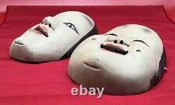 Ensemble de 2 masques Noh japonais anciens en bois sculpté peint rare paire lot visage Japon
