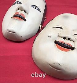 Ensemble de 2 masques Noh japonais anciens en bois sculpté peint rare paire lot visage Japon