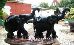 GRANDE paire de 3,2 kg d'ébène - CEYLAN - éléphant en bois sculpté à la main - trompe en l'air