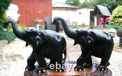 GRANDE paire de 3,2 kg d'ébène - CEYLAN - éléphant en bois sculpté à la main - trompe en l'air