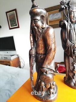 Grands Paires de Figurines en Bois Sculptées Chinoises