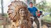 Incroyable Sculpture Sur Bois à La Tronçonneuse De L'amérindien Avec Des Loups