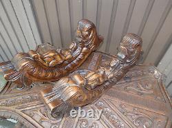 PLAQUES STATUES PAIRE d'antiques anges dauphins en bois sculpté