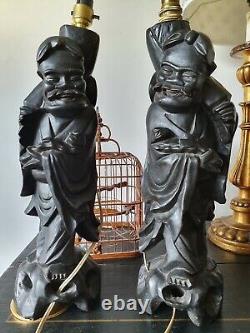 Paire d'Antiques Bases de Lampe en Bois d'Ébène Sculpté à la Racine Chinoise de 16,5 pouces, Statues de Sagesse