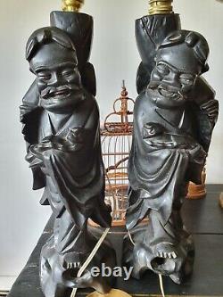 Paire d'Antiques Bases de Lampe en Bois d'Ébène Sculpté à la Racine Chinoise de 16,5 pouces, Statues de Sagesse