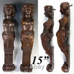 Paire d'antiques figures caryatides en bois sculpté, 15 pouces de haut, pour meuble ou architecture