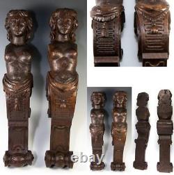 Paire d'antiques figures caryatides en bois sculpté, 15 pouces de haut, pour meuble ou architecture