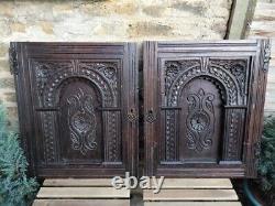 Paire d'antiques portes de placard en bois sculpté de 23,5 pouces