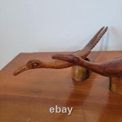 Paire d'oiseaux coureurs en bois sculpté vintage de 13 pouces