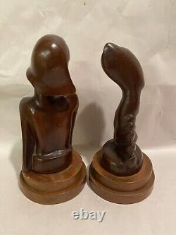Paire de Sculptures Vintage Art Déco de Bustes de Femme Fille en Bois Sculpté