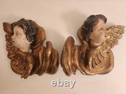 Paire de Têtes d'Ange Ailé Antique sur Banc Nuage, Bois, Coloré, Sculpté