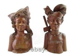 Paire de bustes en bois sculptés Homme et Femme Keradjinan Bali Décoratif Culture Marron