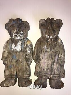 Paire de grands ours en bois lourd et vintage de l'art populaire