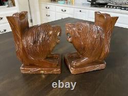Paire de serre-livres en bois massif sculpté de têtes de lion vintage 8