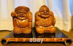 Paire de statues en bois sculptées à la main japonaises VTG (7 Dieux chanceux) Daikoku & Ebisu