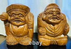 Paire de statues en bois sculptées à la main japonaises VTG (7 Dieux chanceux) Daikoku & Ebisu