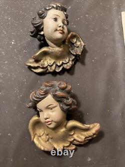 Paire de têtes d'ange chérubin en bois sculpté à la main de style vintage, ornement mural en bois 3/3