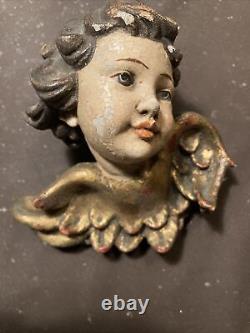 Paire de têtes d'ange chérubin en bois sculpté à la main de style vintage, ornement mural en bois 3/3