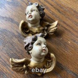 Paire de têtes d'angelot en bois sculptées à la main, style vintage, ornements muraux en bois 3/3.