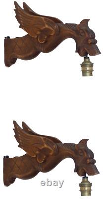 Paire de vintage Français sculpté en bois de chêne chimère gothique applique murale gargouille #3
