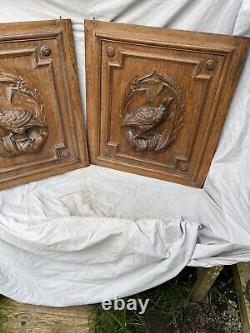 Panneaux de meubles de faisan en chêne sculpté français en paire antique Projet du 19ème siècle