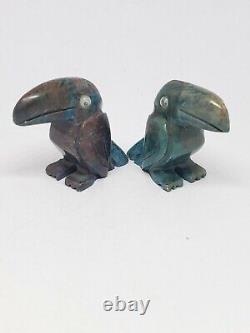 Pierre sculptée en bois pétrifié d'opale bleue indonésienne Figurines de paire de toucans