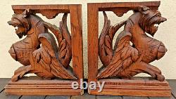 Piliers français anciens en paire en bois sculpté de style gothique avec griffon, dragon et lion - Cabinet du 19e siècle